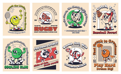 Cartoon sport posters. Retro playing ball card sticker with 1930s mascot character and slogans. Sports enthusiasts banners vector set © WinWin