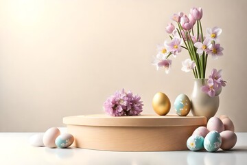 Obraz na płótnie Canvas Empty round wooden podium for product presentation. Spring flowers in a vase and easter eggs on a light background.