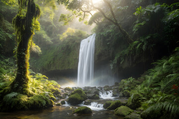 Fototapeta na wymiar A hidden waterfall nestled in a lush rainforest, surrounded by vibrant foliage