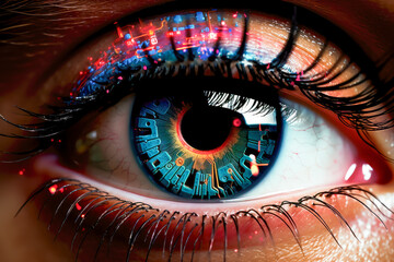 Vision in a digital world, closeup of eye superimposed with digital reading of a lens. - obrazy, fototapety, plakaty