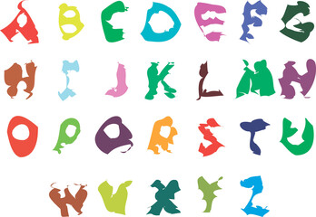 English alphabet. Cartoon font with distorted letters. Multi-colored capital letters on a transparent background.