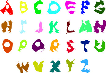 English alphabet. Cartoon font with distorted letters. Multi-colored capital letters on a transparent background. Vector.