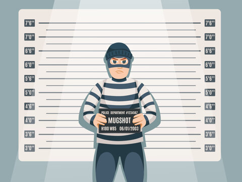 Criminal mugshot. Cartoon thief character in striped outfit, holding police department records sign with number on height chart background. Crime and law vector illustration