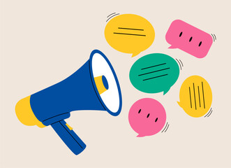 Loudspeaker, and messages. Advertisement, announcement, message, alert. Social media concept. Colorful vector illustration