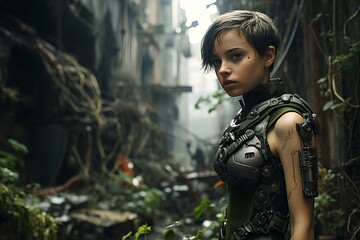 Fototapeta premium Cyberpunk girl with short hair, cybernetic robotic legs and arms. scene is post apocalyptic, green overgrown vines on broken buildings in future, empty city streets. generative AI