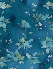 Seamless pattern of blue flowers and leaves on a blue background