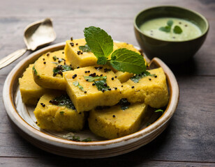 chana dal dhokla served with mint chutney, selective focus