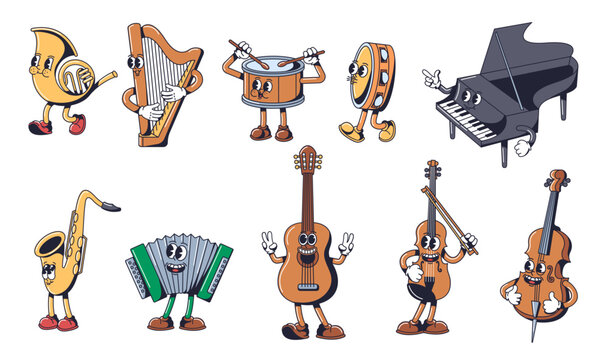 Cartoon musical instrument mascots. Playful music characters in 1930s rubber hose style. Retro concept vector illustration set