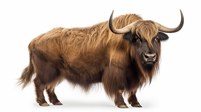 brown yak (Bos mutus) isolated on white background. Generative AI