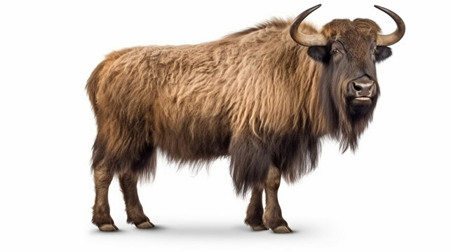 brown yak (Bos mutus) isolated on white background. Generative AI