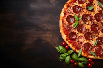 Freshly baked pepperoni pizza on a Dark background. Top view with copy space. pizza background large copy space for text.