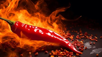 Fotobehang Red chili pepper close-up in a burning flame on a black. Generative AI © Fuji