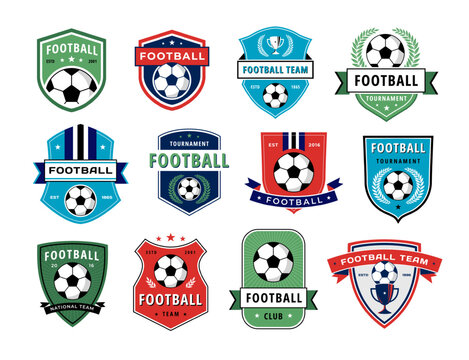 Soccer emblem. Football team badge with soccer ball icon, sport club label design template vector set