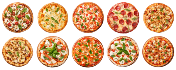Top view on a set of different types of fresh delicious pizzas, isolated on a transparent background