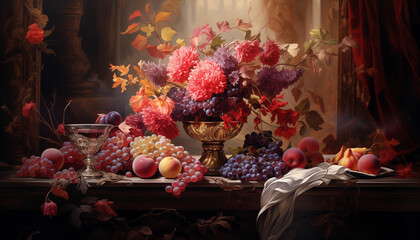 Obraz na płótnie Canvas still life with flowers and fruits