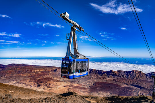 Mount Teide, Tenerife, Spain - November 26, 2023: The cable car seen at the top with mountain view.