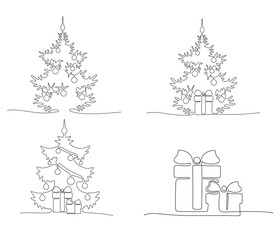 Christmas pine fir tree with decorations continuous one line vector illustration. New Year concept, fir tree made of one line in modern minimalist style for holiday cards. Set.