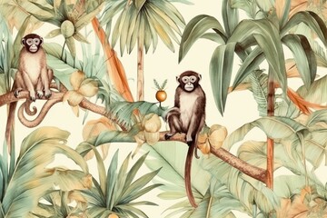 Tropical monkey and palm trees in watercolor seamless pattern. Wildlife jungle elements on vintage wallpaper. Generative AI - obrazy, fototapety, plakaty