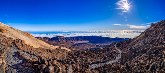 Mount Teide, Tenerife, Spain. Hiking path at the top with view of the National Park (Spanish:...