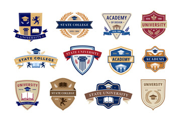 Education emblem. State college, academy and university badges with books, laurel wreaths and traditional shield shapes. Academic insignia vector label set