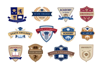 Foto op Canvas Education emblem. State college, academy and university badges with books, laurel wreaths and traditional shield shapes. Academic insignia vector label set © WinWin