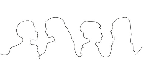 One line profile group of a women of diverse culture. Diversity multi-ethnic and multiracial people set. Women profile. Vector Illustration