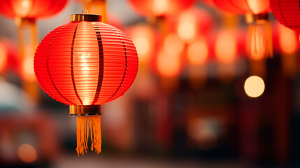 Obraz premium Chinese red lanterns on the street. Selective focus.