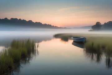 Fototapeta premium A serene lakeside at dawn, where the water mirrors the soft pastels of the morning sky