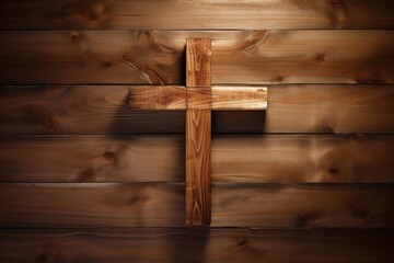 Wooden christian cross on a wooden background.Christian religion concept. - obrazy, fototapety, plakaty