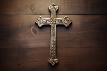 Wooden christian cross on a wooden background.Christian religion concept. - obrazy, fototapety, plakaty