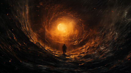 Silhouette of a man in the middle of a tunnel of fire
