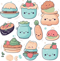set of food in kawaii style. vector illustration