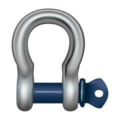 Shaped lifting shackle. That metal or steel with locking pin. Accessory or lifting equipment with breaking strength for winching, industrial crane rigging, tow strap and off-road jeep truck recovery.