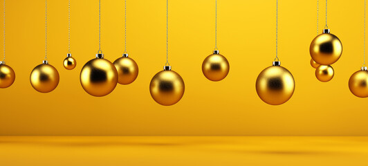 yellow Christmas tree decorations on a yellow background hang, generative ai