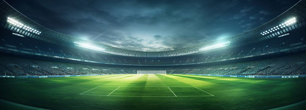 a large football field with floodlights turned on without players, generative ai