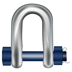 Shaped lifting shackle. That metal or steel with locking pin. Accessory or lifting equipment with breaking strength for winching, industrial crane rigging, tow strap and off-road jeep truck recovery.