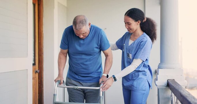 Senior, man and caregiver with walker, help and support for mobility, physical therapy or rehabilitation on balcony. Elderly, person and nurse or professional outdoor with walking, talking or smile