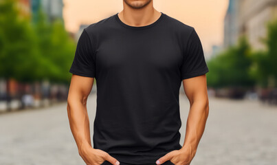 A young man wearing black t-shirt on street in daylight, 