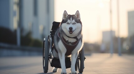 Disabled Siberian Husky sitting in a wheelchair looking at the camera at the park. Holiday morning. Clear sky. - obrazy, fototapety, plakaty