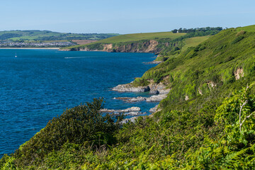 Fototapeta na wymiar Channel coast and cliffs between Polkerris and Menabilly, Cornwall, England, UK