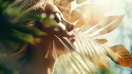 Double exposure profile photo of naturally beautiful woman with closed eyes and tropical leaves. - obrazy, fototapety, plakaty