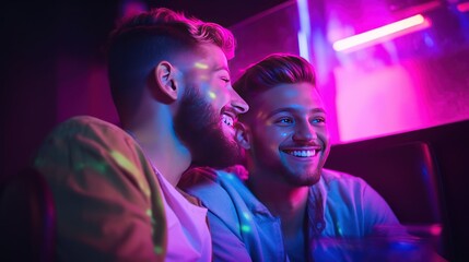 Happy gay couple watching movie at neon lights in cinema - obrazy, fototapety, plakaty