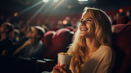 Young woman watching a movie in a movie theater - obrazy, fototapety, plakaty