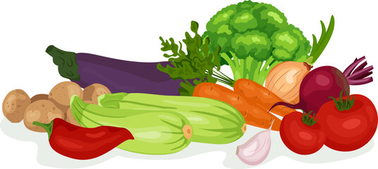 Fresh healthy vegetables banner. Bright composition of farm product broccoli, eggplant, potatoes, tomatoes. Collection organic eco farm product for restaurant menu, market, label. Vector illustration