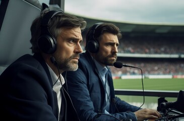 Two sport commentators at green stadium. Major event game fun video. Generate Ai