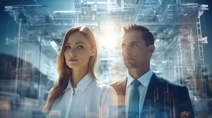 Overlay of male and female engineers with transparent buildings construction industry concept