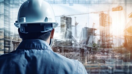 Overlay of engineer with transparent building construction industry concept