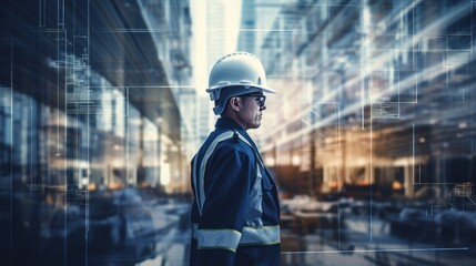 Overlay of engineer with transparent building construction industry concept
