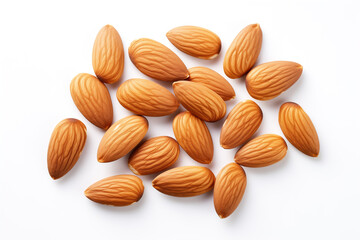 Top view of almond nuts on white isolated background. Generative AI