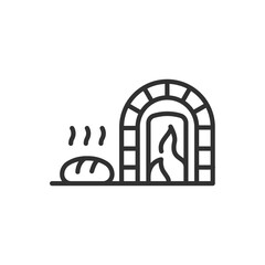 Baking bread, linear icon. Oven with fire and fresh baked bread. Line with editable stroke